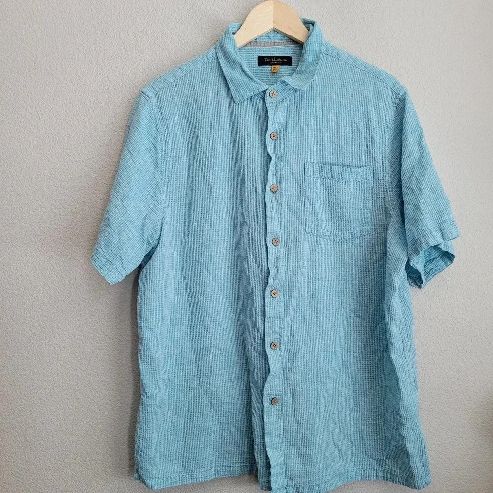 Pete Huntington Men's Linen Cotton Short Sleeve Button Down Shirt Size 2XL Blue